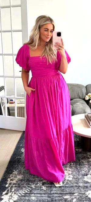 Abercrombie & Fitch Emerson Drama Puff Sleeve Bow Back Pink Maxi Dress Small thumbnail 1