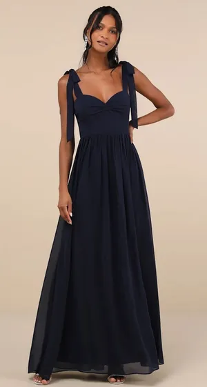 NWOT Lulus Radiant Charisma Navy Chiffon Ruched Tie-Strap Maxi Dress Holiday L thumbnail 1