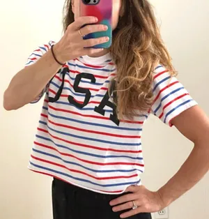 Mighty fine USA Striped Short Sleeve Crop Top Patriotic Tee Sz Medium thumbnail 3