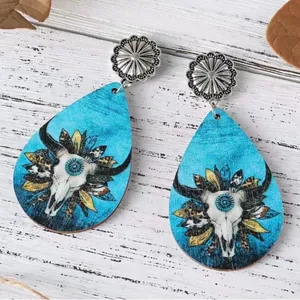 Handmade Wooden double sided western‎ style retro bullhead waterdrop dangle earrings thumbnail 10