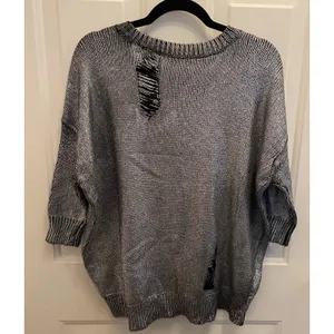 Guess Metallic Silver Black Distressed Knit Sweater Womens L‎ Chunky Oversized thumbnail 5