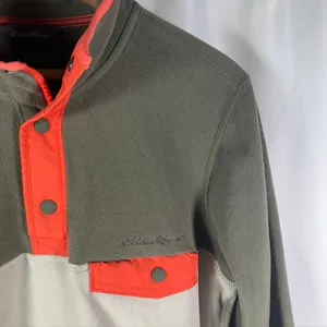 Eddie Bauer Fleece Pullover Mens Small Snap‎ Button Pocket Olive Green Beige thumbnail 5