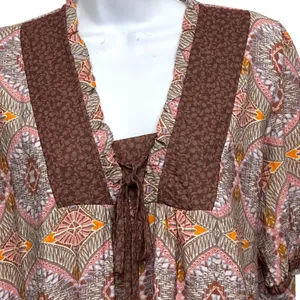 Current Air Quilt Contrast Motif Top Womens Size Large V-neck Short Sleeve Flowy thumbnail 3