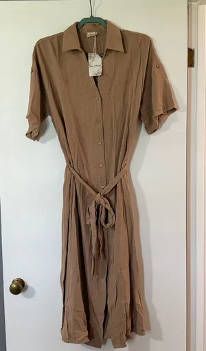 Hem & Thread Brown Button-Front Midi Shirt Dress with Tie Waist thumbnail 1