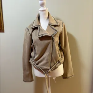 Zara cropped moto jacket coat rhinestones trim beige faux suede M thumbnail 3