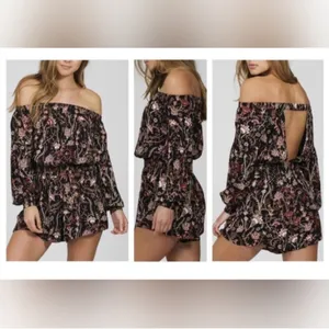 Free People Pretty and Free Black Floral Print Off the Shoulder Romper thumbnail 2