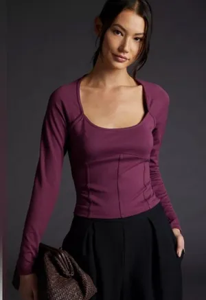 Anthropologie Maeve Maroon‎ Scoop Round Neck Long Sleeve Cropped Top thumbnail 1