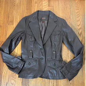 Danier Brown Leather Jacket Military Style Pockets Button Closure women's‎ XS thumbnail 1