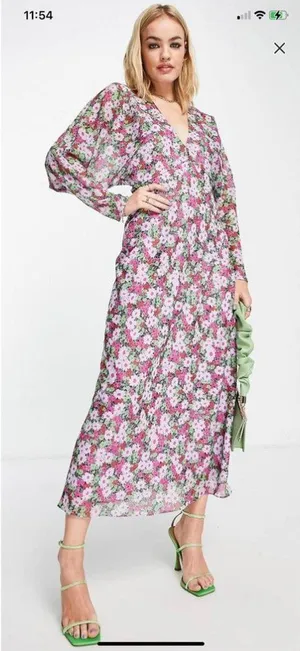 ASOS Design V Neck Batwing Floral Midi Dress Long Sleeve thumbnail 1