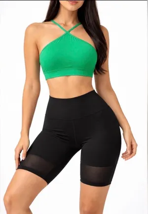 JESFER Activewear Set size S Green Strappy Sports Bra & Black Biker Shorts(A237) thumbnail 1