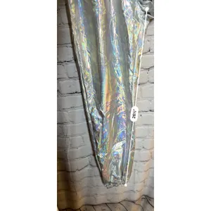 Women's Shiny Metallic High Waist Stretchy Jogger Pants Iridescent Silver XL thumbnail 7