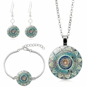 Mandala flower time gemstone necklace, bracelet‎ & earrings set, glass pendant thumbnail 1