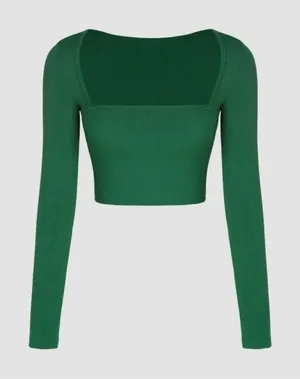 NWT Cider Green Knit Square Neck Long‎ Sleeved Cropped Top Size Medium thumbnail 1