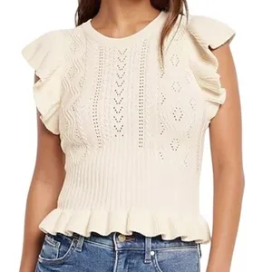 🆕 EXPRESS Ivory Pointelle Knit‎ Flutter Sleeve Peplum Lightweight Sweater XS thumbnail 1