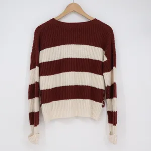 Pink Republic Women's Striped Lace Up Side Knit Sweater Burgundy Cream L thumbnail 4