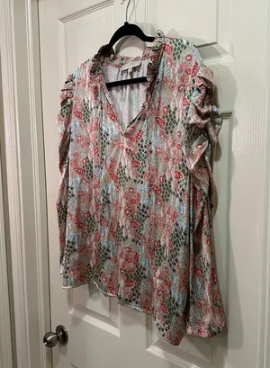 LOFT Garden Cinched Sleeve Ruffle Tie Neck Women’s XL Top Tan thumbnail 3