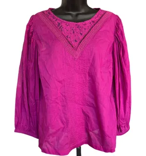 Farm Rio X Anthropologie Kelsie Peasant Blouse Sz M Purple Boho Puff Sleeve Lace thumbnail 1