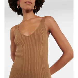 Vince Brown Ribbed Knit V-Neck Midi Dress Sleeveless Small thumbnail 3