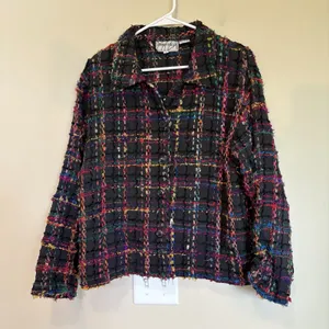 VINTAGE 80s Silver Stream 100% COTTON Jacket Large Black‎ Colorful Tweed Fringe thumbnail 1