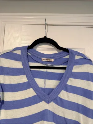 NWOT Free People We The Free Size XS Blue Cream Striped Thermal Knit V Neck Top thumbnail 2