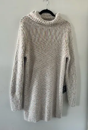 NWT Lulus Knit Turtleneck Cream Speckled Sweater Mini Dress Small Cozy Oversized thumbnail 1