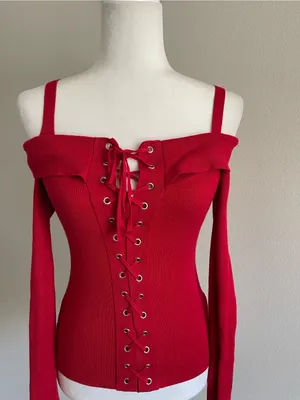 Guess Off-the-Shoulder Lace-Up Sweater in Red thumbnail 2