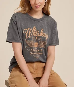 Maurices Whiskey Always A Good Idea Oversized Graphic Tee Gray Rhinestone thumbnail 1