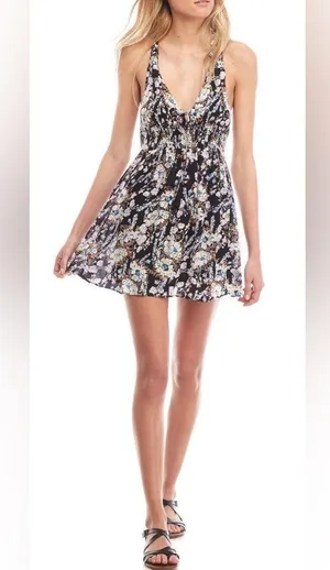 Free People Washed Ashore Black Floral Criss Cross Back Mini Dress Whimsigoth thumbnail 1