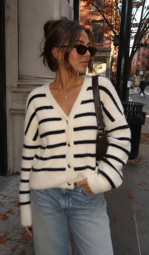 a new day Cream Fuzzy Striped V-Neck Button Cardigan thumbnail 1