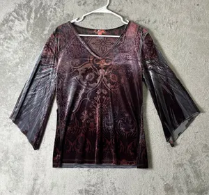 Vintage Sheer Mesh Paisley Bell Sleeve Top Y2K Boho Goth Festival Fairy Grunge M thumbnail 1