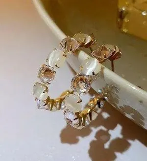 Big Opal Rhinestone C-Shaped Hoop Earrings for Women, Minimalist Wedding Party thumbnail 1