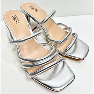 Nordstrom Rack Silver Metallic Strappy Square Toe Block Heel Sandals‎ Size 6 thumbnail 2