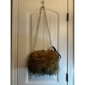 Faux Fur Shoulder Crossbody Bag Brown Gold Chain Cozy Winter Plush Handbag Purse thumbnail 4