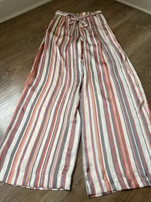 satin striped pants elastic waist belted pink grey women’s size M thumbnail 7