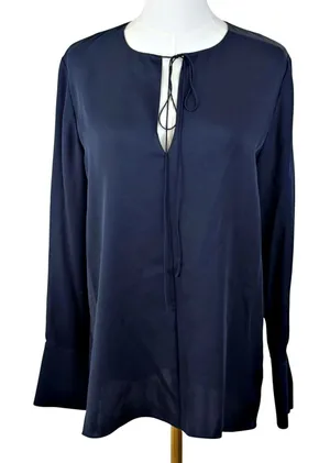 Theory Silk MED Navy Blue Keyhole Tie Front Cuffed Sleeve Blouse Tunic Minimal thumbnail 1