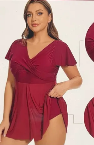 Stylish red swim dress with a flattering wrap design. Perfect for beach outings. thumbnail 1