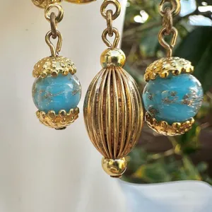 Gold tone and blue beaded vintage earrings thumbnail 2