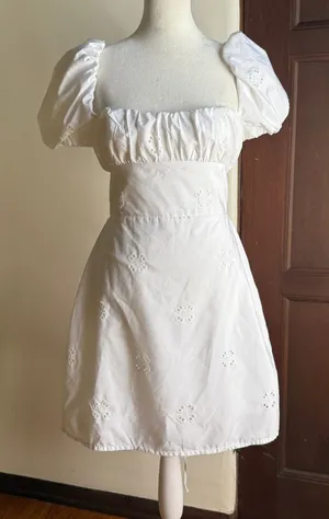 ZARA | White Eyelet Puff Sleeve Lace Up Back Mini Dress | Large thumbnail 1
