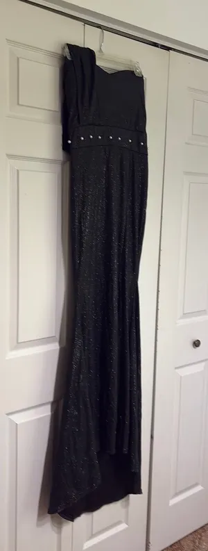 Black long sparkly formal dress with pearl accents thumbnail 1