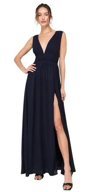 Lulus Heavenly Hues Navy Blue Chiffon Pleated Maxi Dress size Small NWT thumbnail 1