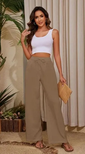 NEW Flowy Drawstring Waist Wide Leg Palazzo Beach Pants Loose Fit Pockets M thumbnail 5