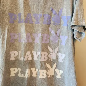 Playboy Stonewash Bunny Spell Out Logo Grey T-Shirt Size womens Medium Cotton thumbnail 2