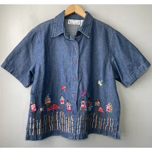 Sarah Studio Denim Button Up Shirt Size XL Embroidered Blue Birdhouse Garden thumbnail 1
