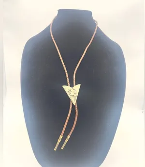 Vintage square Dancing Bolo, Western Triangle arrowhead Leather Necklace Gold thumbnail 1