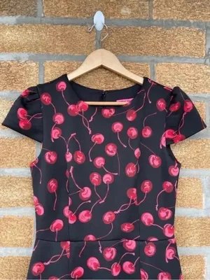 Betsey Johnson Cherry Print Dress 6 Coquette Cherrycore Retro Cap Sleeve Slit⁠ thumbnail 5