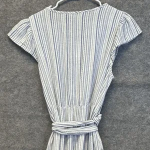 BRIGGS Linen Blend Midi Dress L Blue Striped Flutter Sleeve Belted NWT Coastal thumbnail 13