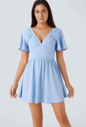 NWOT Halara Blue V Neck Tie Back Babydoll Short sleeve Dress thumbnail 1