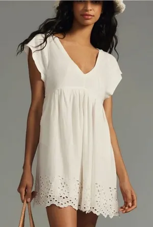 NWT Daily Practice Anthropologie White B-Neck Eyelet Trim Babydoll Dress thumbnail 1