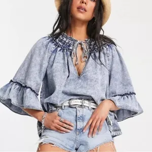 Free People Washed Denim Smocked Top thumbnail 2