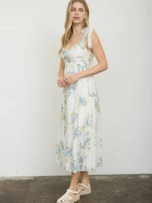 White Blue Yellow Floral Tiered Midi Dress Lace Tie Straps Large thumbnail 4